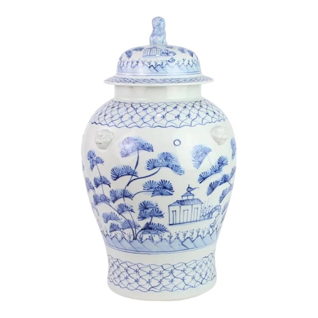 Village Scene Ginger Jar in Pale Blue and White For Sale