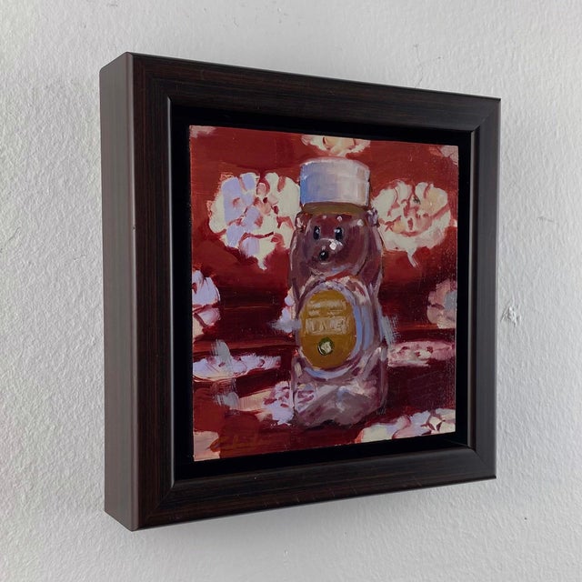 Figurative Little Honey Bear by Calvin Lai | Oil on canvas and wood panel Painting of a honey bear bottle For Sale - Image 3 of 3