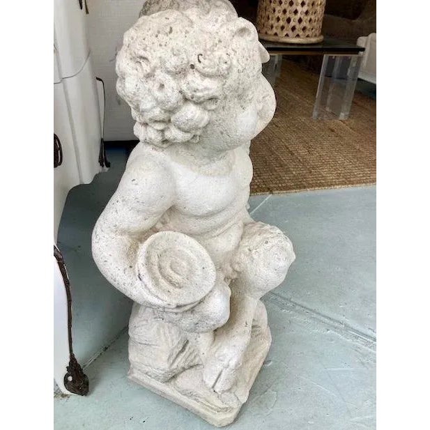 1950s French Cast Stone Pan and Putti Musician Sculptures - a Pair For Sale - Image 5 of 10