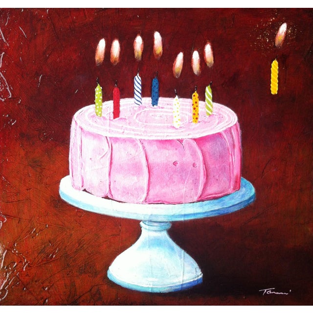 This artwork features a vibrant pink cake adorned with colorful candles, set against a rich, warm background. The smooth...
