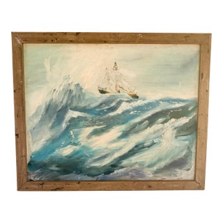 Boat on Stormy Seas Painting, 1970's Acrylic Boat and Sea Nautical Painting, Framed For Sale