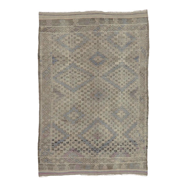 Mid 20th Century Vintage Pastel Embroidered Kilim Rug For Sale