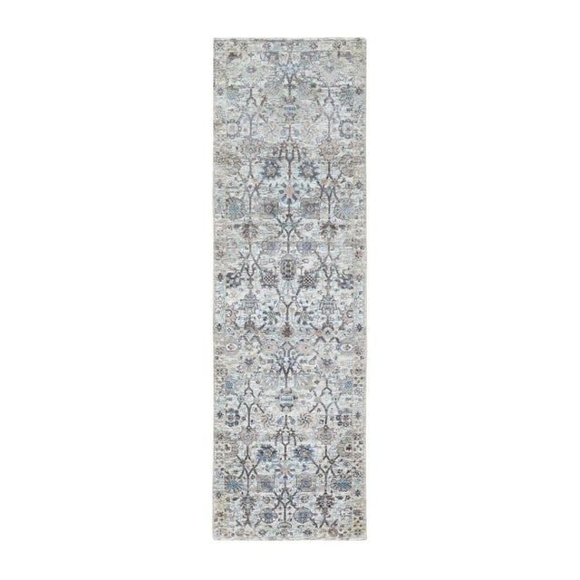 Ivory Silk With Textured Wool Tabriz Design Runner Hand Knotted Oriental Rug For Sale - Image 9 of 9