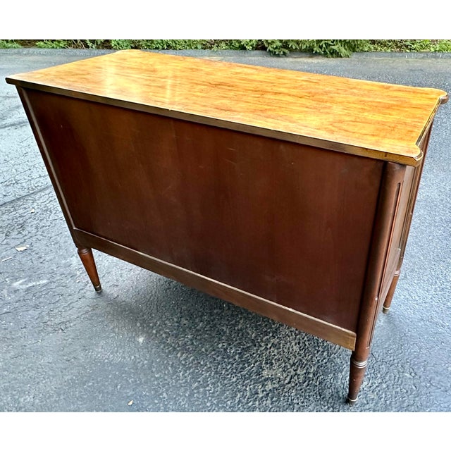 Vintage Baker French Louis XVI Style Console Chest | Flamed Walnut 2-Drawer Commode With Bronze Mounts & Brass Sabots For Sale - Image 12 of 12