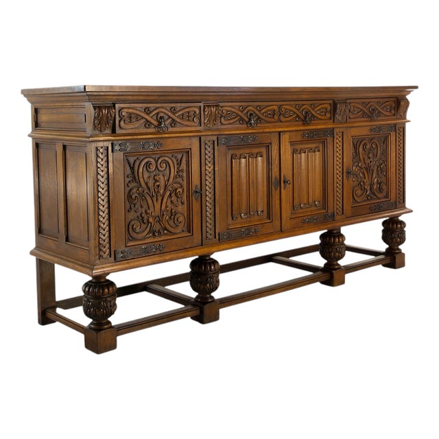 Neo-Renaissance Spanish Large Carved Oak Buffet, 1950 For Sale