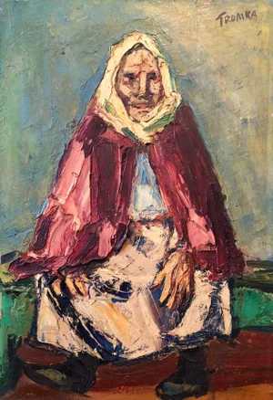 1930s Abram Tromka Vintage WPA Expressionist Figurative Oil Painting of a Babushka