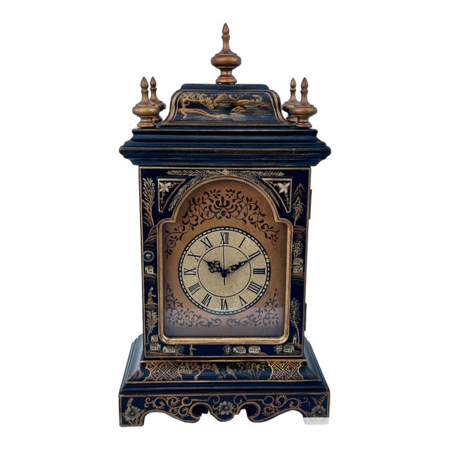Vtg. Reproductive Chinoiserie Battery Operated Mantel Clock W/Removable Finials For Sale