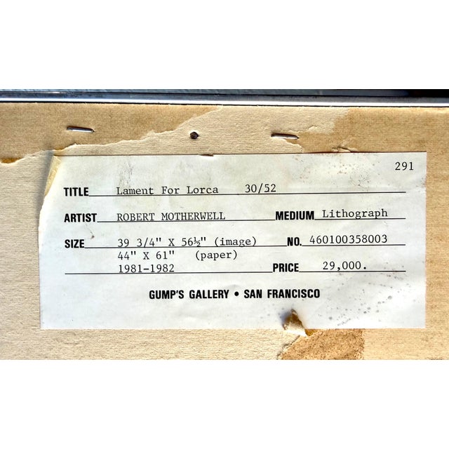 Robert Motherwell, Large Robert Motherwell Lithograph Abstract Expressionist Lament for Lorca 1982 For Sale In Miami - Image 6 of 13