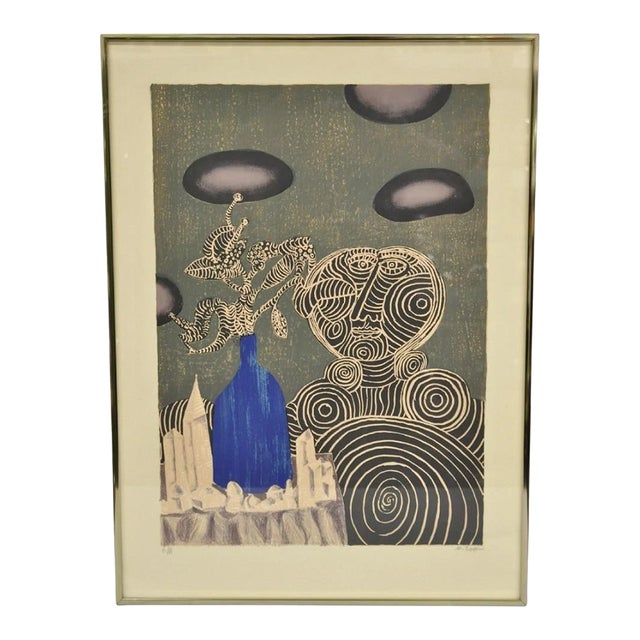 Naftali Bezem Surrealist Lithograph Signed Print "Woman With Vase" Judaica Art For Sale