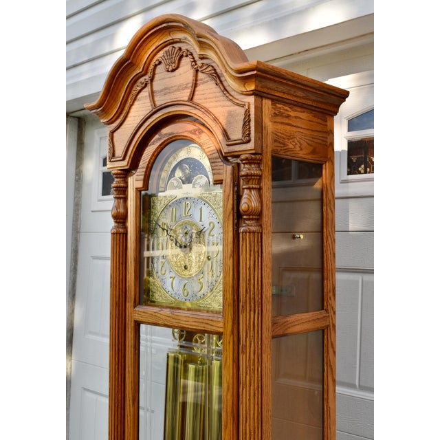 Howard Miller Howard Miller Oak Grandfather Clock Moon Dial Triple Chime Floor Tall Case For Sale - Image 4 of 17