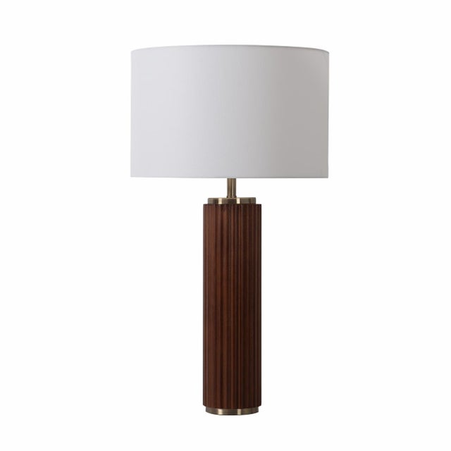 Nova Tambo Table Lamp - Dark Walnut Wood Finish, Weathered Brass, White Linen Shade For Sale - Image 4 of 12
