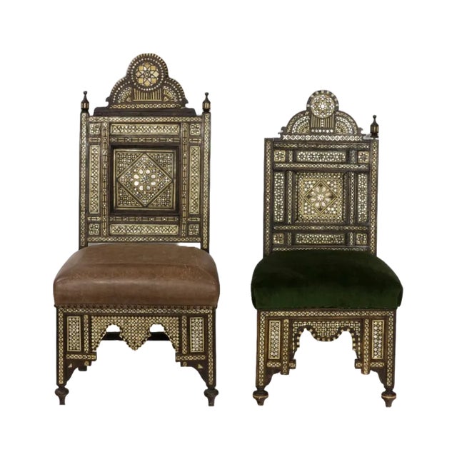 Pair of Antique Syrian Chairs - King and Queen (his & hers). Upholstery on the Kings chairs is newer leather and the...