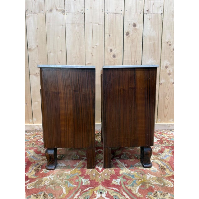Wood Art Deco Nightstands in Exotic Wood Veneer with Marble Tops, Set of 2 For Sale - Image 7 of 9