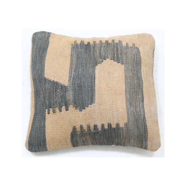 Sand and slate gray color-block band kilim throw pillow by Arteverk, 17 x 17 inches. The front is handwoven Afghan wool...
