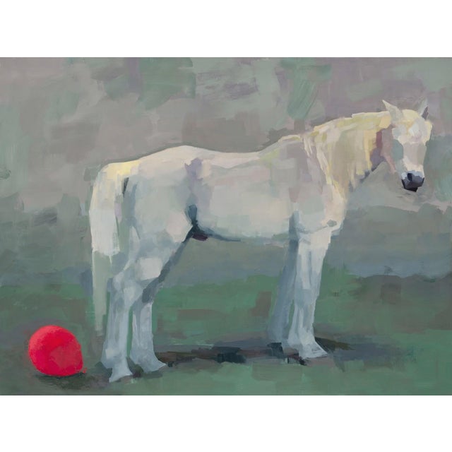 Dissolution by Shelli Langdale | Oil on gallery canvas of a white horse beside a red ball For Sale