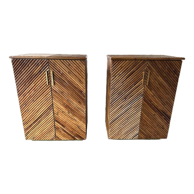 Mid-Century Modern Pair of Rattan Malacca Brass Cupboards Cabinets. Italy, 1980s For Sale