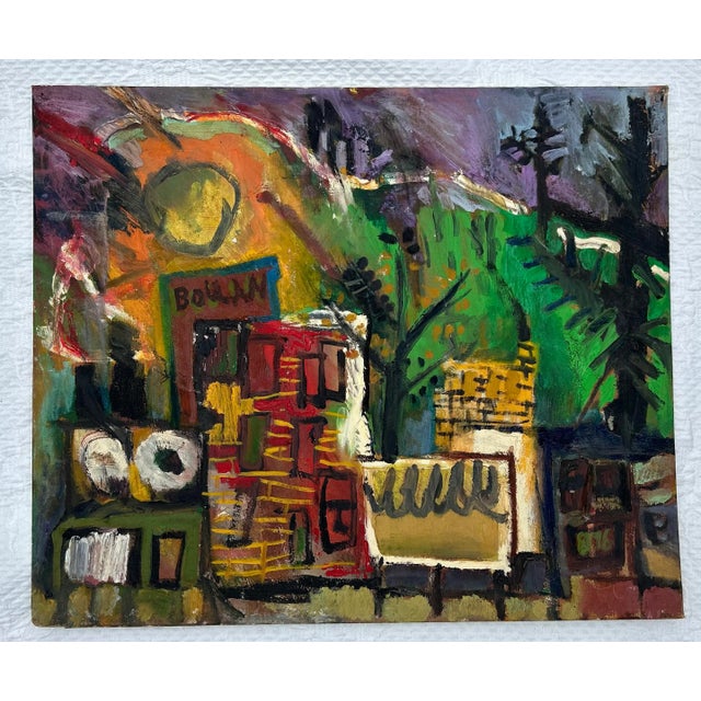 Excellent vintage abstract expressionist oil painting on canvas board. Signed and dated en verso, “Aiello 1961”, titled...