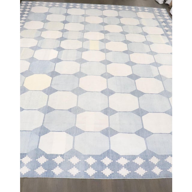 Early 20th Century Antique Zabihi Collection Massive White Blue Indian Dhurrie Rug - 13'7" x 18'2" For Sale - Image 5 of 12