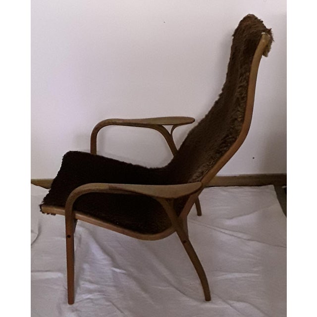 Vintage Swedish Oak Plywood, Linen & Brown Plush Armchair by Yngve Ekström for Swedese, 1965, in Good conditions. Designed...