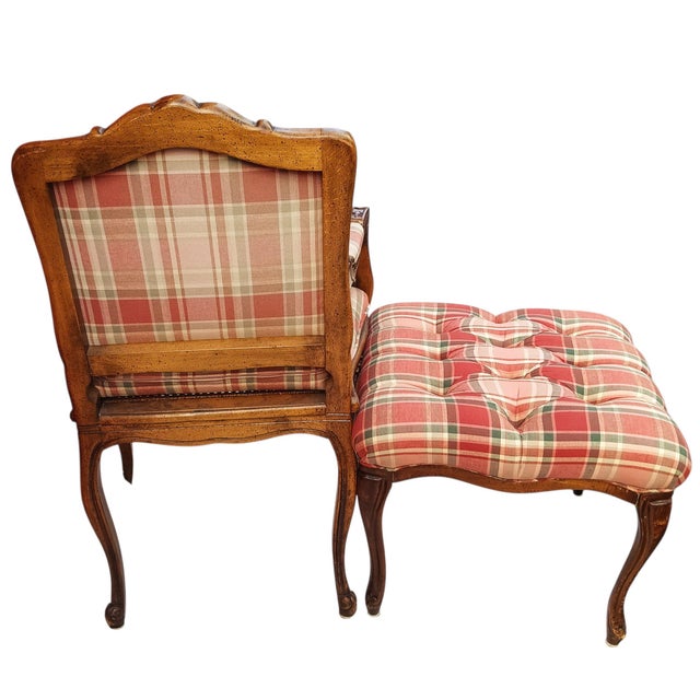 French Provincial Vintage Walnut French Provincial Armchair & Ottoman Set in Rich Plaid Upholstery For Sale - Image 3 of 12