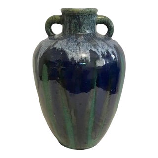 Blue and Green Mid Century Ceramic Drip Glaze Urn/ Vase With Handles For Sale