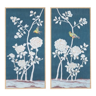 "Brympton" Chinoiserie Hand-Painted Silk Diptych From Jardins en Fleur by Simon Paul Scott - Set of 2 For Sale