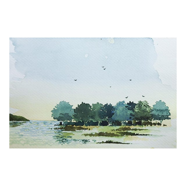 Small Mid 20th Century Coastal Landscape With Trees Watercolor Painting For Sale