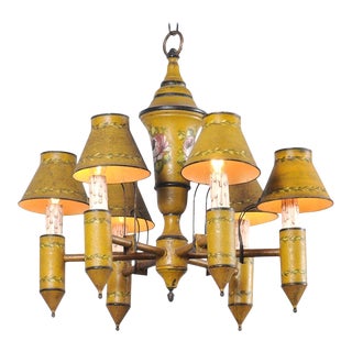 French 19th Century Yellow Tole Six-Light Chandelier with Painted Floral Motifs For Sale
