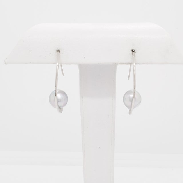 Metal Baroque Akoya Pearl Dangle Earring in 18k White Gold - A Pair For Sale - Image 7 of 7