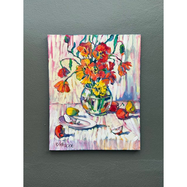 Pink Vintage Original Floral Oil Painting on Canvas For Sale - Image 8 of 12