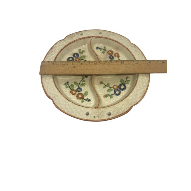Vintage Divided Ceramic Hand Painted Dish Plate Majolica Style K Maker’s Mark Japan 1940’s For Sale - Image 10 of 12