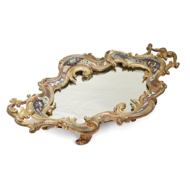 Large Antique French Gilt Bronze & Champlevé Enamel Mirrored Plateau or Tray For Sale - Image 13 of 18