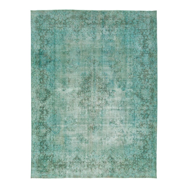 Room Size Antique Overdyed Persian Wool Rug With Medallion Design in Light Green For Sale