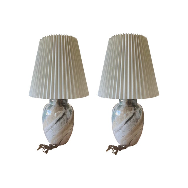 Mid-Century Modern Vintage Mid Century Modern Pair of 1970s Postmodern Ceramic Table Lamps Shades Faux Marble For Sale - Image 3 of 8