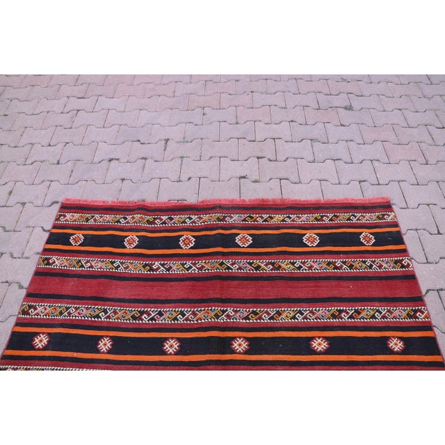 Burgundy 1960s Striped Dowry Handmade Mid Century Modern Handmade Kilim Rug For Sale - Image 8 of 10