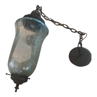 Mid-Century Hanging Blue Glass Pendant Lantern Lighting Fixture For Sale