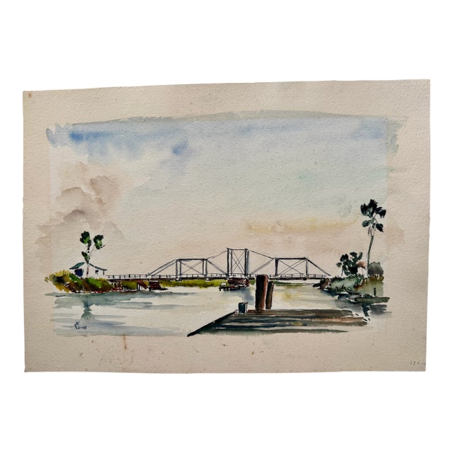 Henry Emil Salloch Original Watercolor on Paper Coastal Riverfront Scene, 1948. For Sale