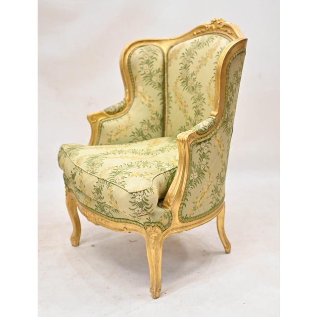 Pair French gilt arm chairs with hand woven fabric Quality pair of French fauteuils recently upholstered with applied gold...