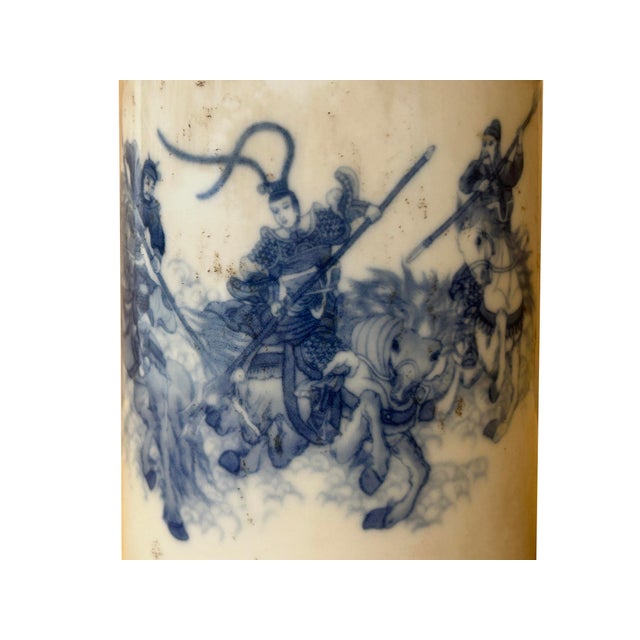 1980s Chinese Distressed White Porcelain Blue Warrior Horse Graphic Holder Vase For Sale - Image 5 of 10