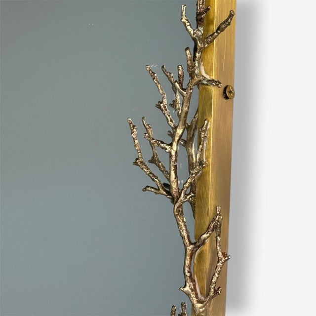 Metal Modern Trapezoidal Bronze Wall Mirror, Branch and Leaf Motif, France, 21st C. For Sale - Image 7 of 8