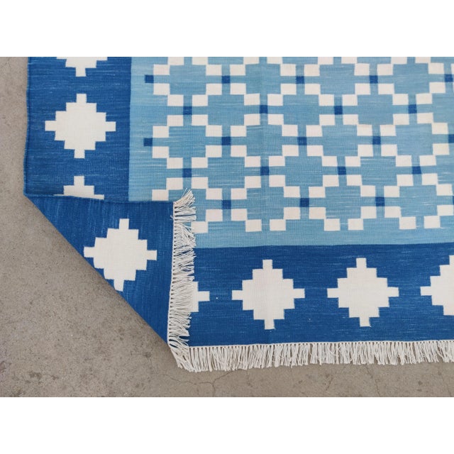 Cotton Handmade Vegetable Dyed Blue and White Star Rug - 8x10 For Sale - Image 10 of 11