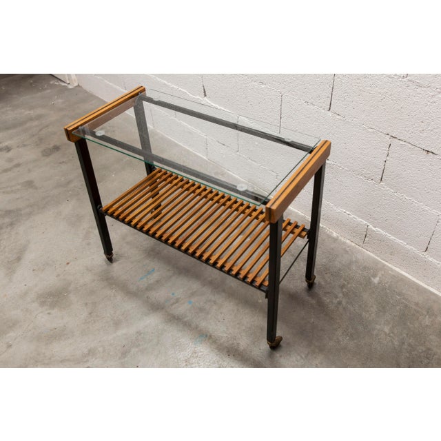 1960s Vintage Teak, Black Metal, and Glass Serving Cart on Casters, 1960s For Sale - Image 5 of 17