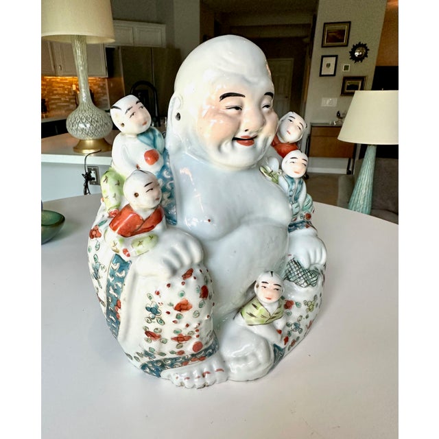 Antique Qing Chinese Famille Rose Porcelain Statue Laughing Buddha For Sale - Image 17 of 17