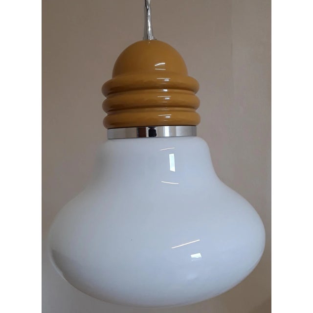 Vintage Ceiling Lamp in White Opaque Glass & Mustard-Colored Metal Assembly, 1970s For Sale - Image 4 of 7