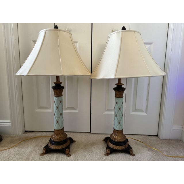 Vintage 1980s Italian Ceramic & Wood Gilt & Aqua Neoclassical-Style Empire Table Lamps For Sale - Image 11 of 18