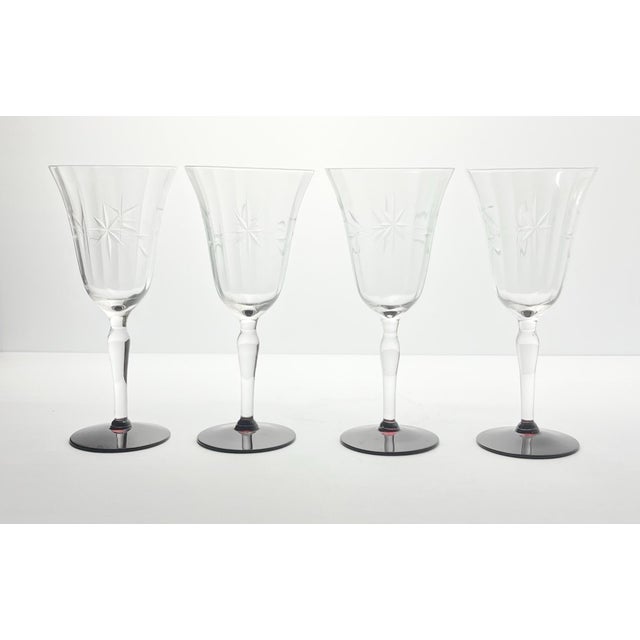 1950s Vintage 4 Ruby Red Footed Star Flower Etched Optic Wine Glasses 7 3/4” 8oz Good vintage condition. No chips, cracks,...