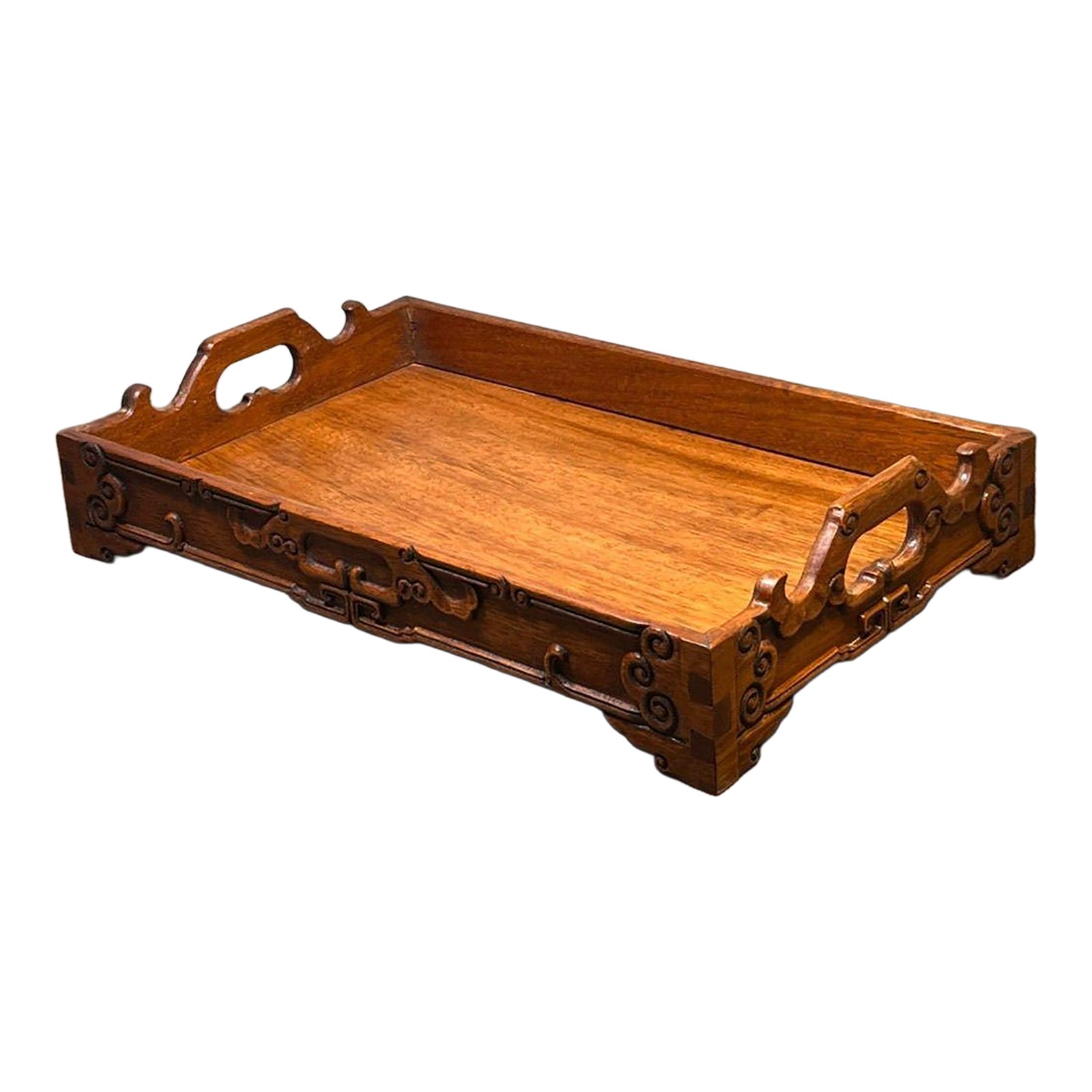 Vintage Rosewood Carved Rectangular Tea Tray With Handles | Chairish