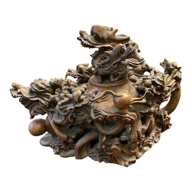 2000s Chinese Rock Carving Big Tea Pot With Dragons For Sale