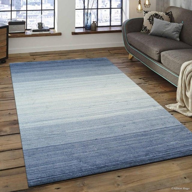 8x10 Blue Hand-Knotted Wool Subtle Ombre Stripes Modernist Carpet Rug For Sale In New York - Image 6 of 6