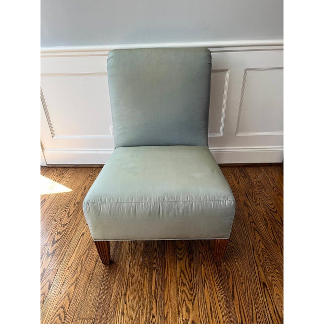 Late 20th Century Pair of Barbara Barry for Baker Celadon Silk, Scroll Back Slipper Chairs For Sale - Image 5 of 12